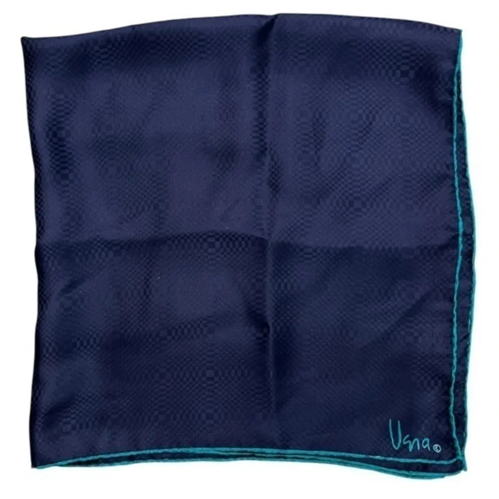 VERA vintage navy blue geometric jacquard silk scarf w/ turquoise edges